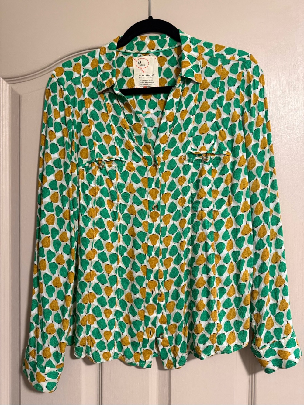 Anthropologie Green and Yellow Leaf-Print Button Down Shirt